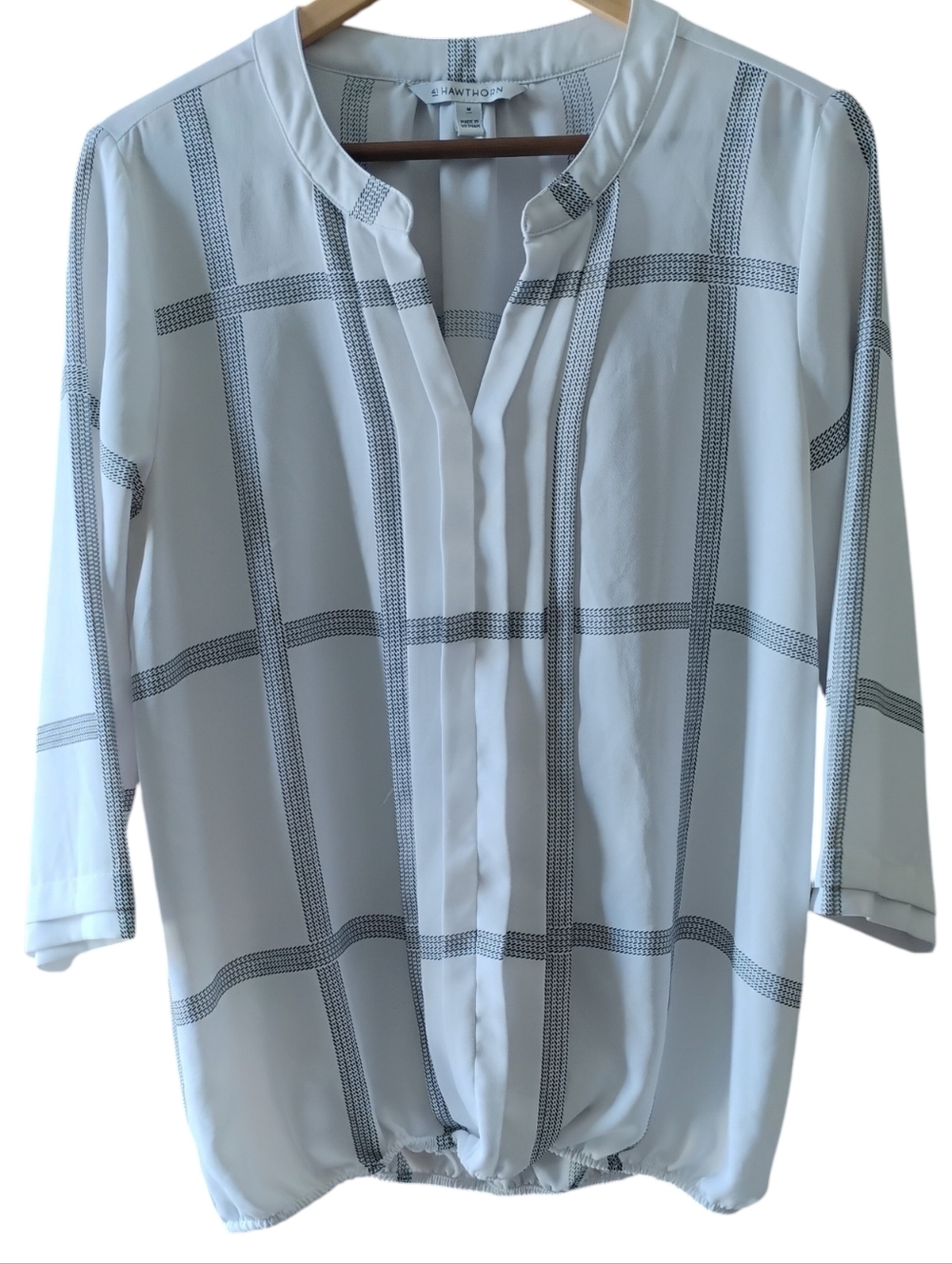 41 Hawthorne Classic White Windowpane Blouse with Band Collar And Waist Sz M
